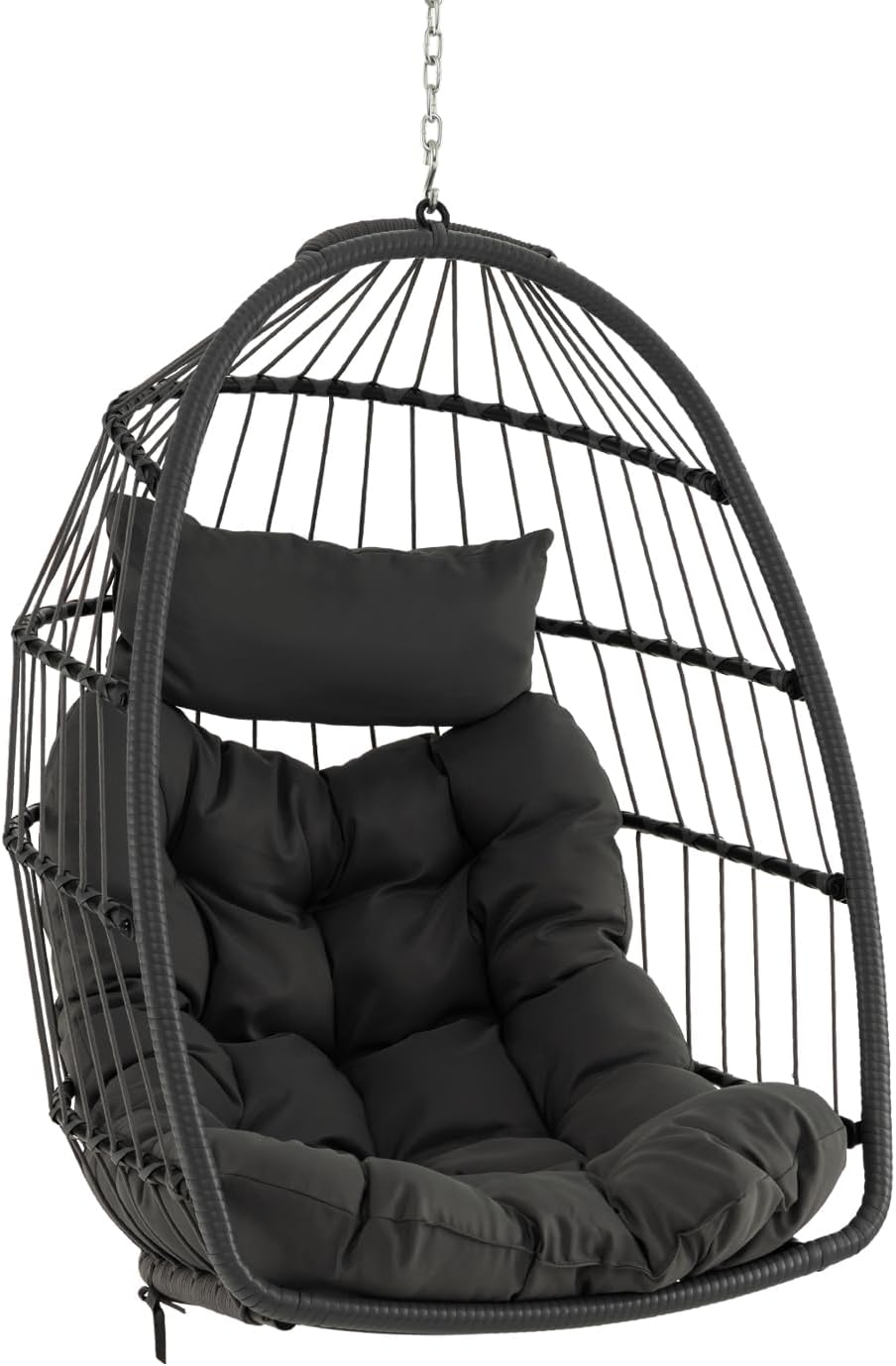 Silla colgante tipo huevo, columpio con almohada y cojín suave, silla colgante de ratán sintético, diseño plegable, capacidad de 150 kg (gris) - 9