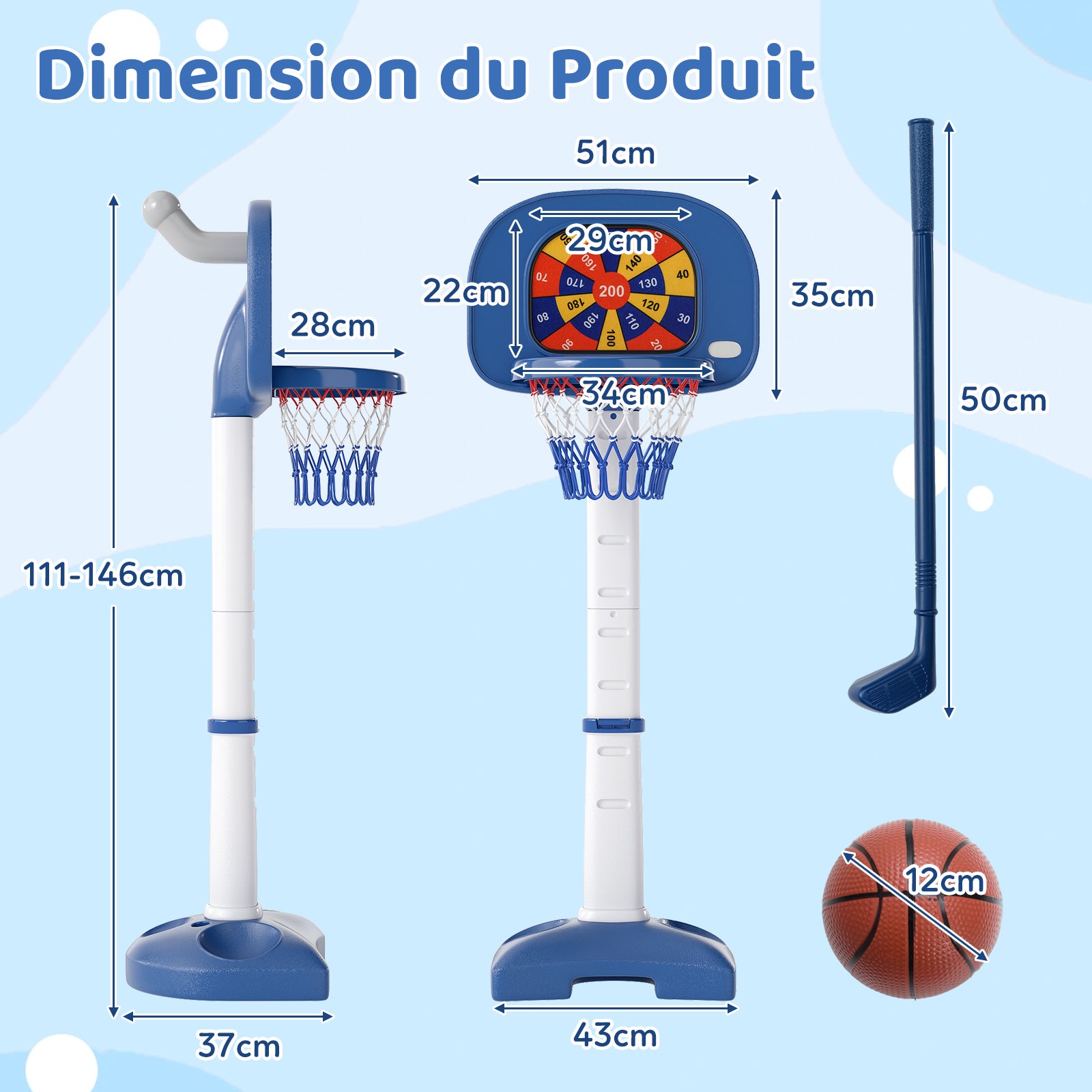 4 en 1 Panier de Basket-Ball Enfants avec Hauteur Réglable(111-146cm), Support de Basket-Ball en HDPE & Golf avec Accessoires Riches, pour 3 Ans+ - 6