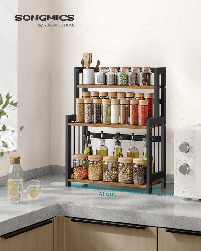 Étagère à Épices, Étagère de Rangement à 3 Niveaux, Organisateur de Bureau, pour Cuisine, Salle à Manger, Bureau, Marron Rustique et Noir - 2