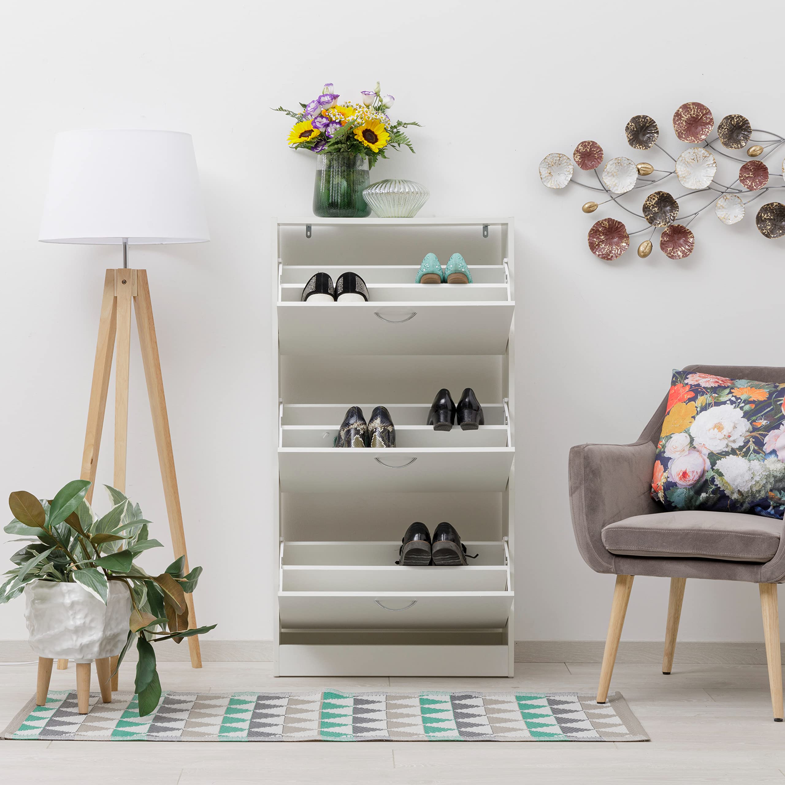 Baroni Home Scarpiera Salvaspazio Slim in Legno Melaminico da Ingresso. Portascarpe con Ante a Ribalta e Doppia Profondità (Bianca 3 Ante) - 2