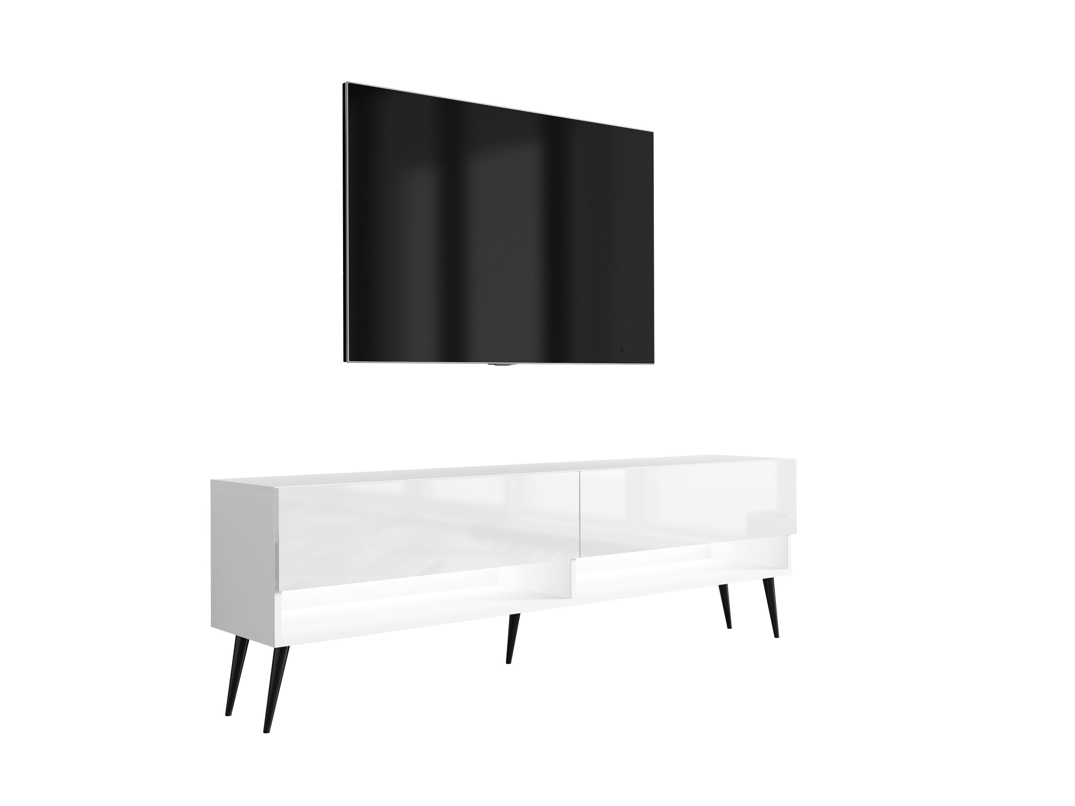 Szafka RTV : Biały Mat / Biały Połysk, nóżki pochyłe czarne, LED biały, 170 × 32 × 52 cm
