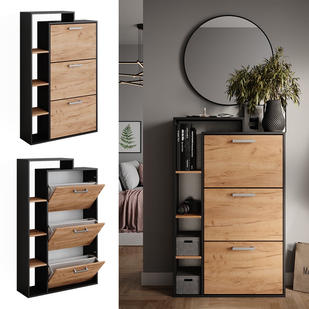 Vicco Meuble à chaussure Orlando, Chêne doré/anthracite, 80x128.3cm avec 3 compartiments - 2