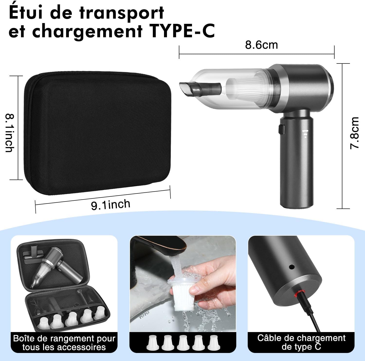 Aspirateur Voiture Sans Fil 15000PA, Mini Aspirateur à Main Portable, Moteur Brushless, Idéal pour Poils d'Animaux et Maison - 4