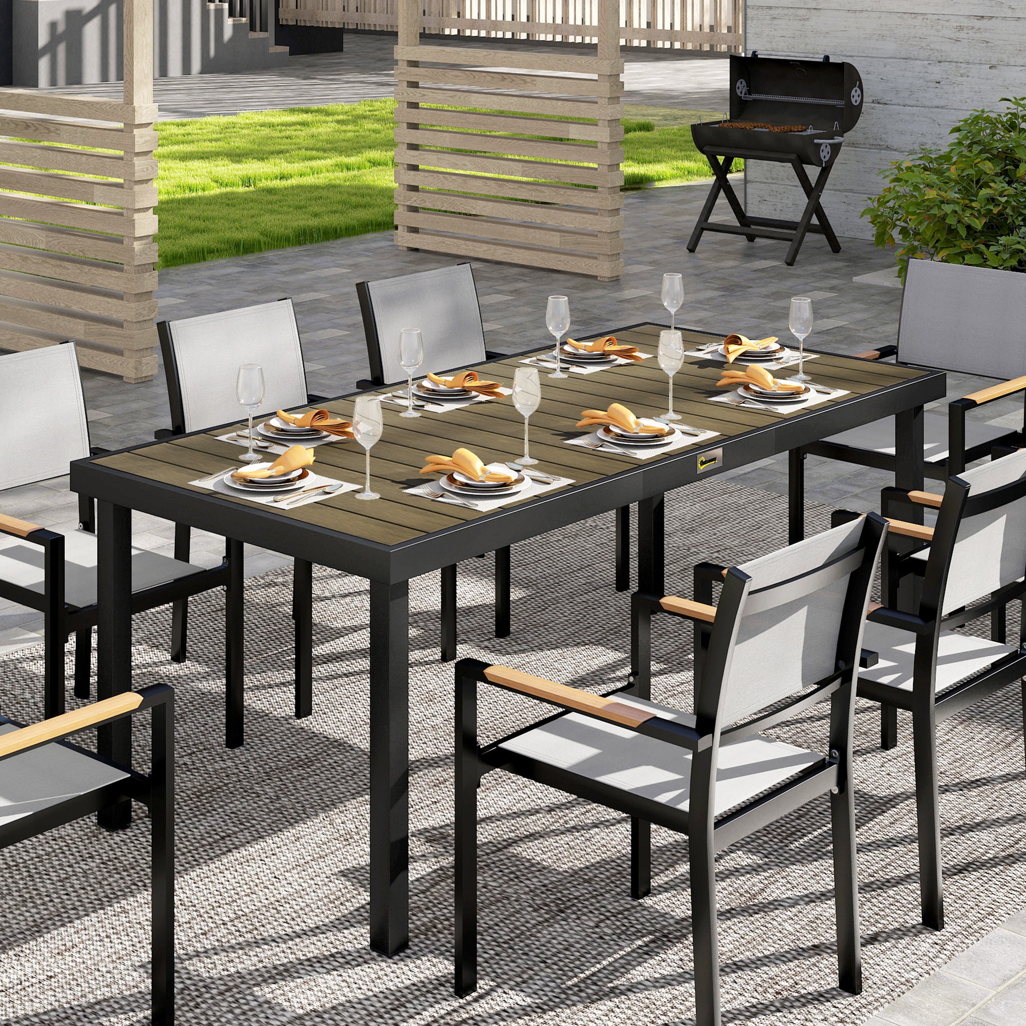 Tavolo da Pranzo da Giardino per 8 Persone in Alluminio e Plastica, Legno Scuro e - 4