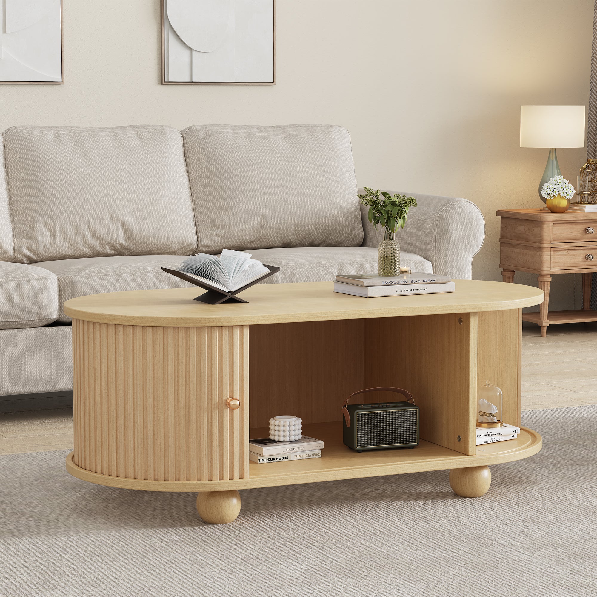 URBAN MEUBLE Table basse ovale effet bois clair 2 portes coulissantes multifonctionnel - 6