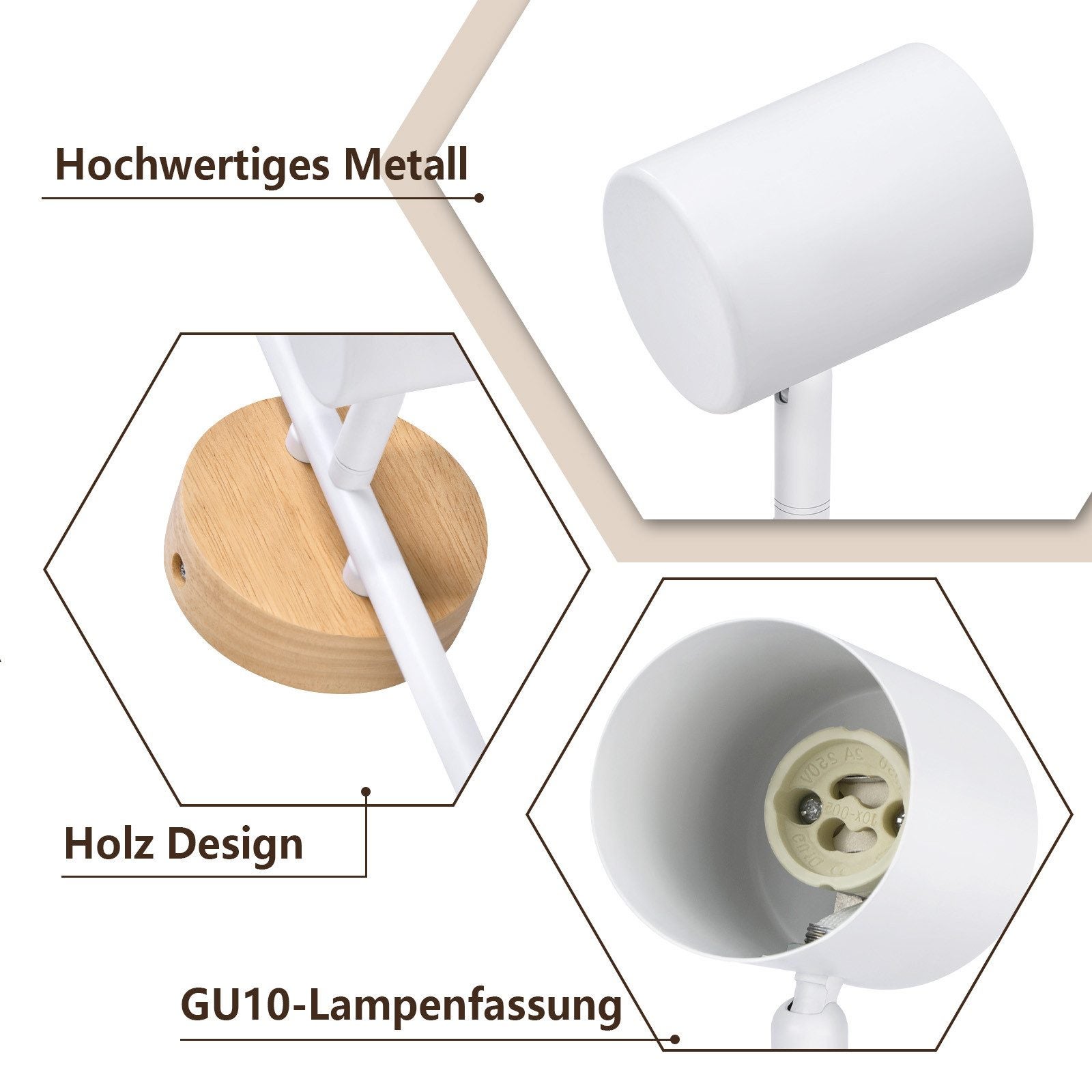 NETTLIFE LED a soffitto 3 fiamma - Bianco Faretto orientabile GU10 a soffitto Applique in legno Applique per soggiorno Senza lampadina - 3