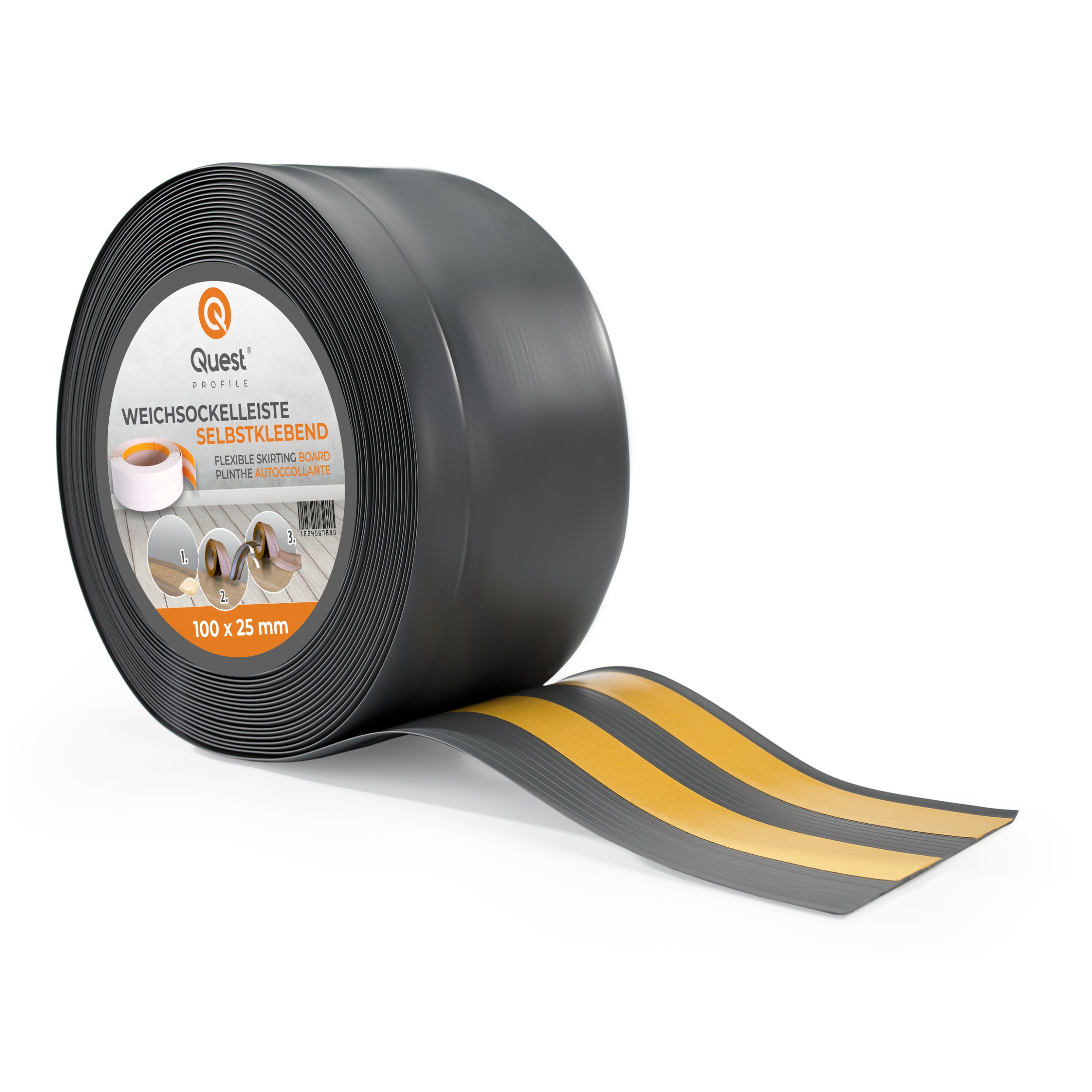 Quest rodapié pvc 100x25mm, 20m, autoadhesivo, rodapiés blando, zócalo profesional, gris foncé