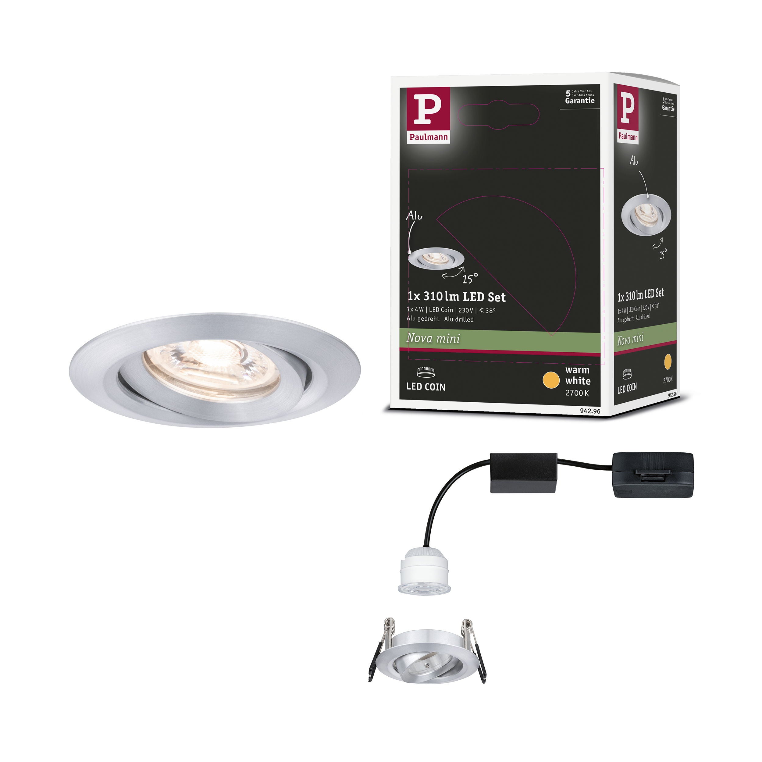 Paulmann  Spot Encastré Led Nova Mini Coin Luminaire Individuel Orientable Rond 66 Mm 15° Coin 4W 310Lm 230V 2700K Alu Tourné , Leroy Merlin