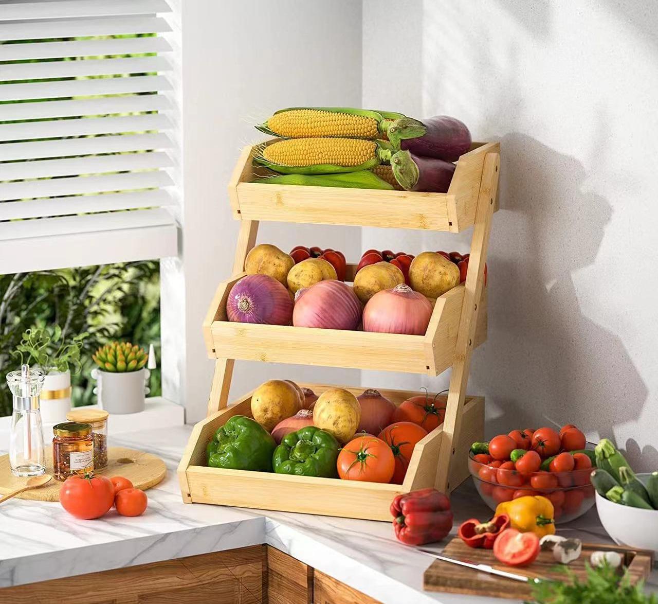 Cesto Portafrutta In Bambù 3 Ripiani: Organizer Da Cucina Con Ganci Per Banane, Nero