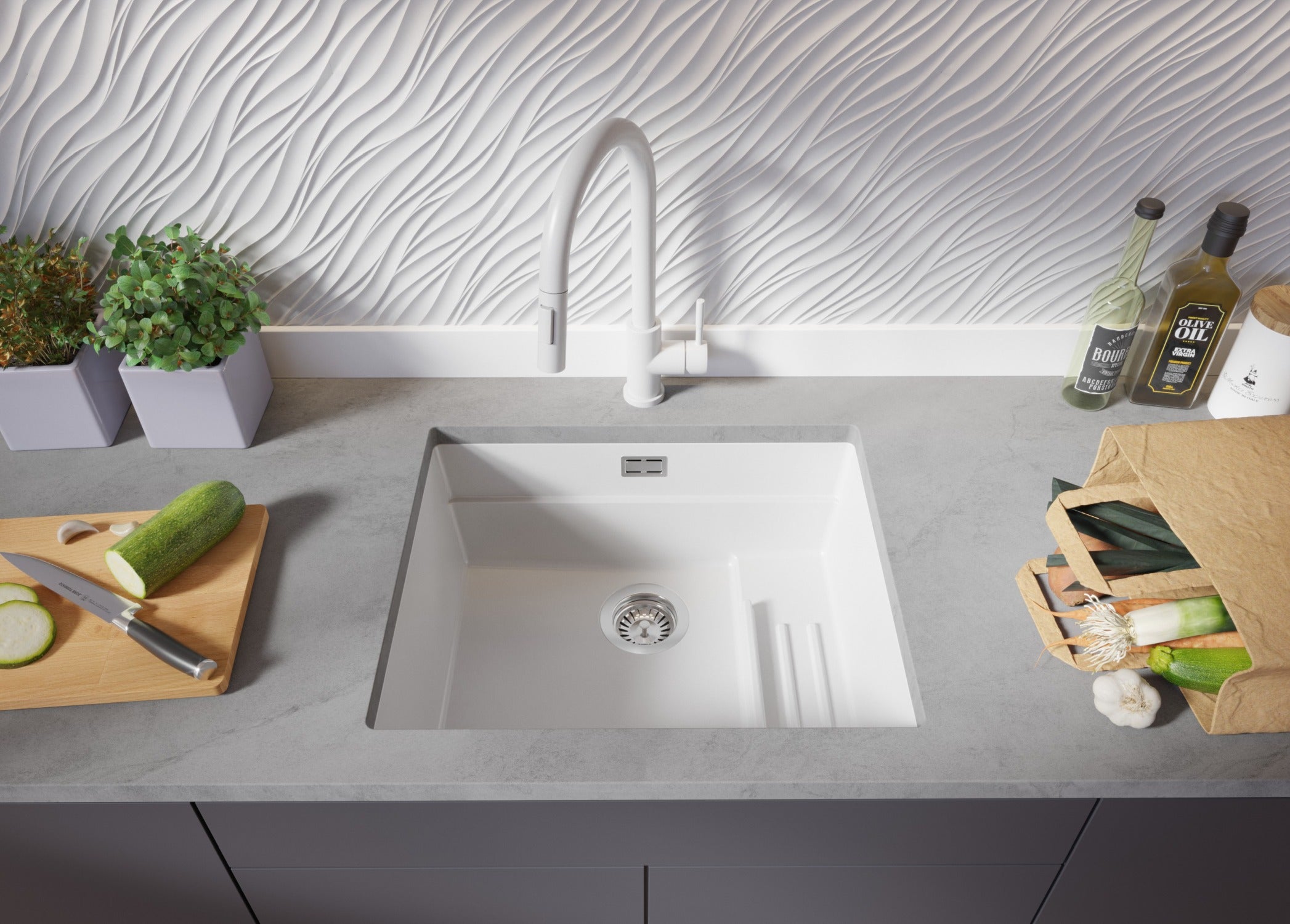 Lavandino sottotop Bianco 56x47cm, Lavello in Granito a 1 vasca + Sifone Classico + Accessori, Lavabo da Cucina al mobile 60cm - Prague PRIMAGRAN - 3