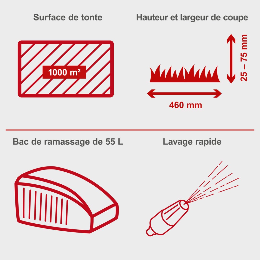 Scheppach Tondeuse thermique MP150-46 - moteur 4 temps - 150 cm³ - largeur de coupe 46 cm - 1000 m² - hauteur de coupe 25-75 mm - bac 55L - 3