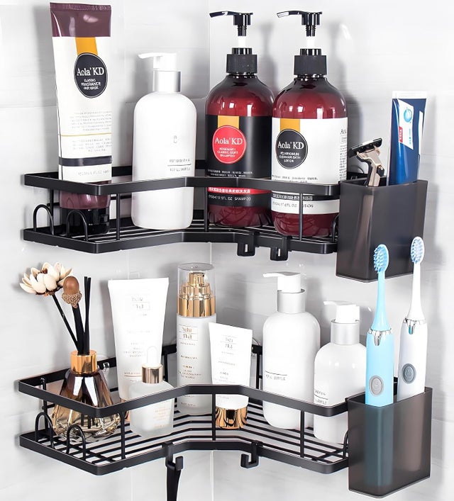 Étagère de douche sans perçage en acier inoxydable, lot de 2, étagère d'angle sans perçage, antirouille, avec 4 crochets et 2 porte-brosses à dents