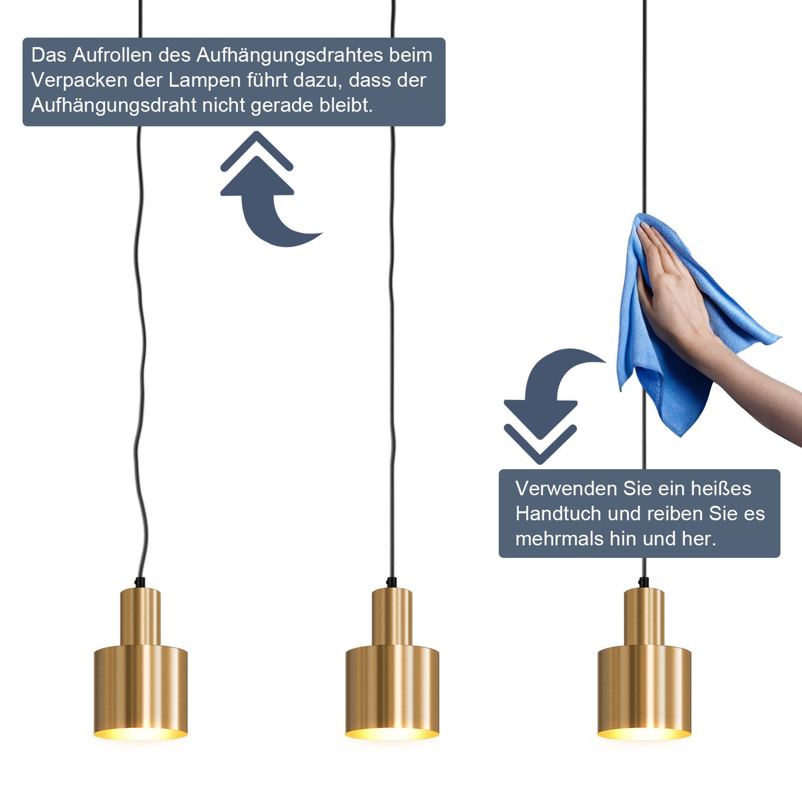 ZMH Lampada a sospensione sala da pranzo 3 fiamme oro E27 lampada a sospensione metallo camera da letto corridoio - 5