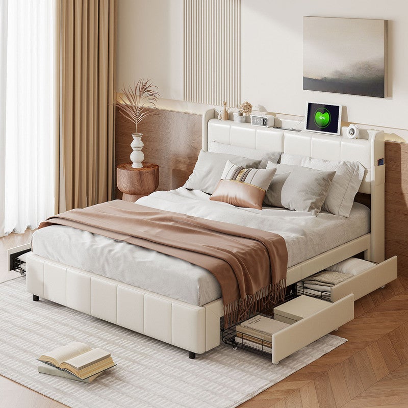 Lit rembourré 160 x 200 cm, Lit double avec USB et tête de lit, Cadre de lit avec sommier à lattes, sans matelas, beige - 3
