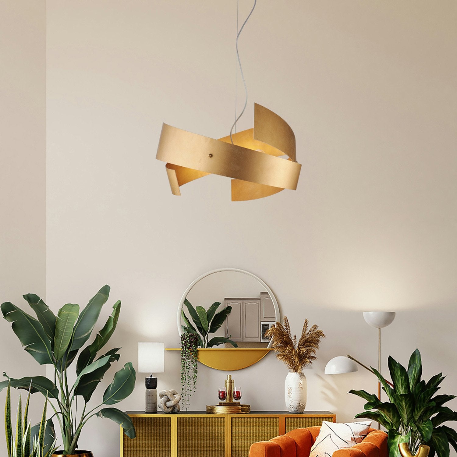 Suspension Elisa fer blanc, découpe laser, déco or antique, câble acier réglable, 3 lumières d.57 cm - 3