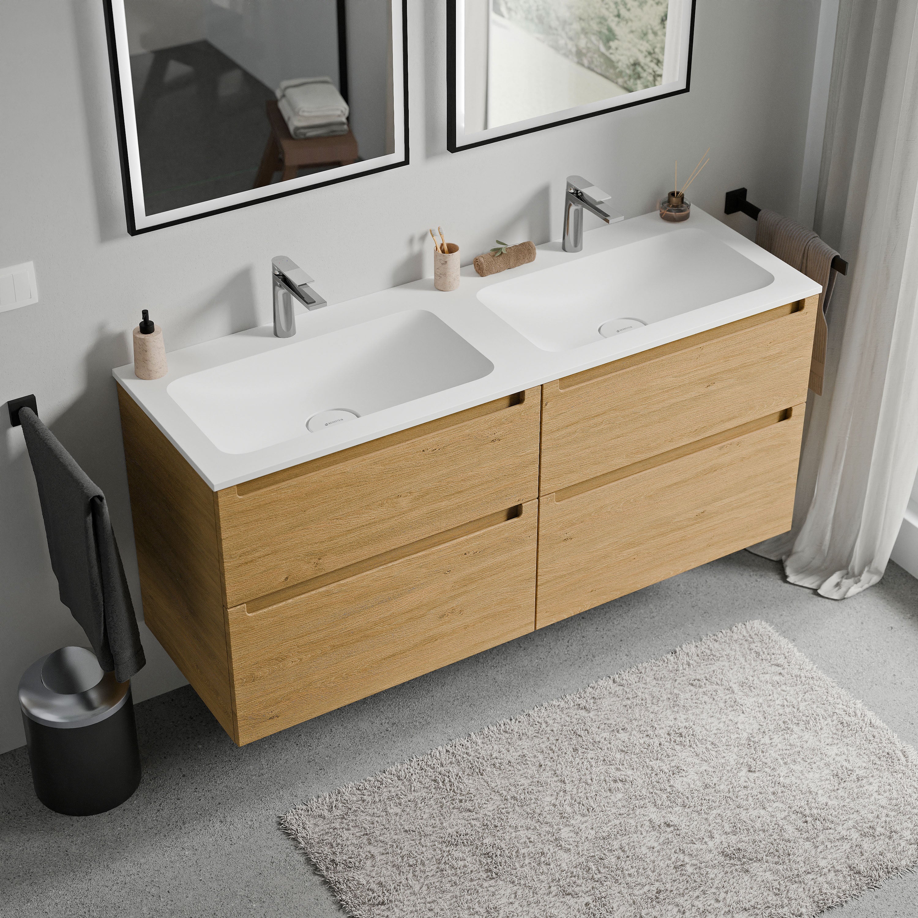 BERNSTEIN - Meuble double vasque suspendu MDF Chêne miel, lavabos fonte Blanc mat + trous robinet, tiroirs pivotants - 120x46x62cm - VIREO - 2