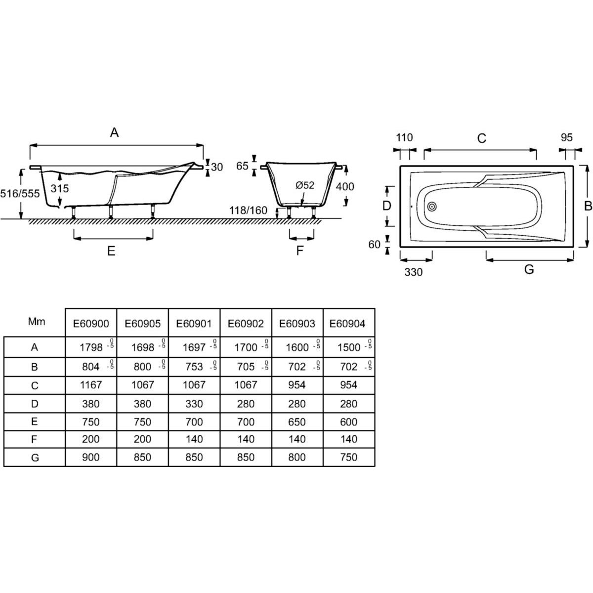 Baignoire droite JACOB DELAFON Corvette confort Acrylique renforcé 170 X 75 - 5