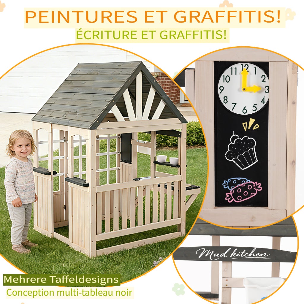 Cabane enfant extérieur en bois, maison enfant extérieur avec robinet fonctionnel, toit anti-pluie et accessoires complets pour 3 ans - beige - 4
