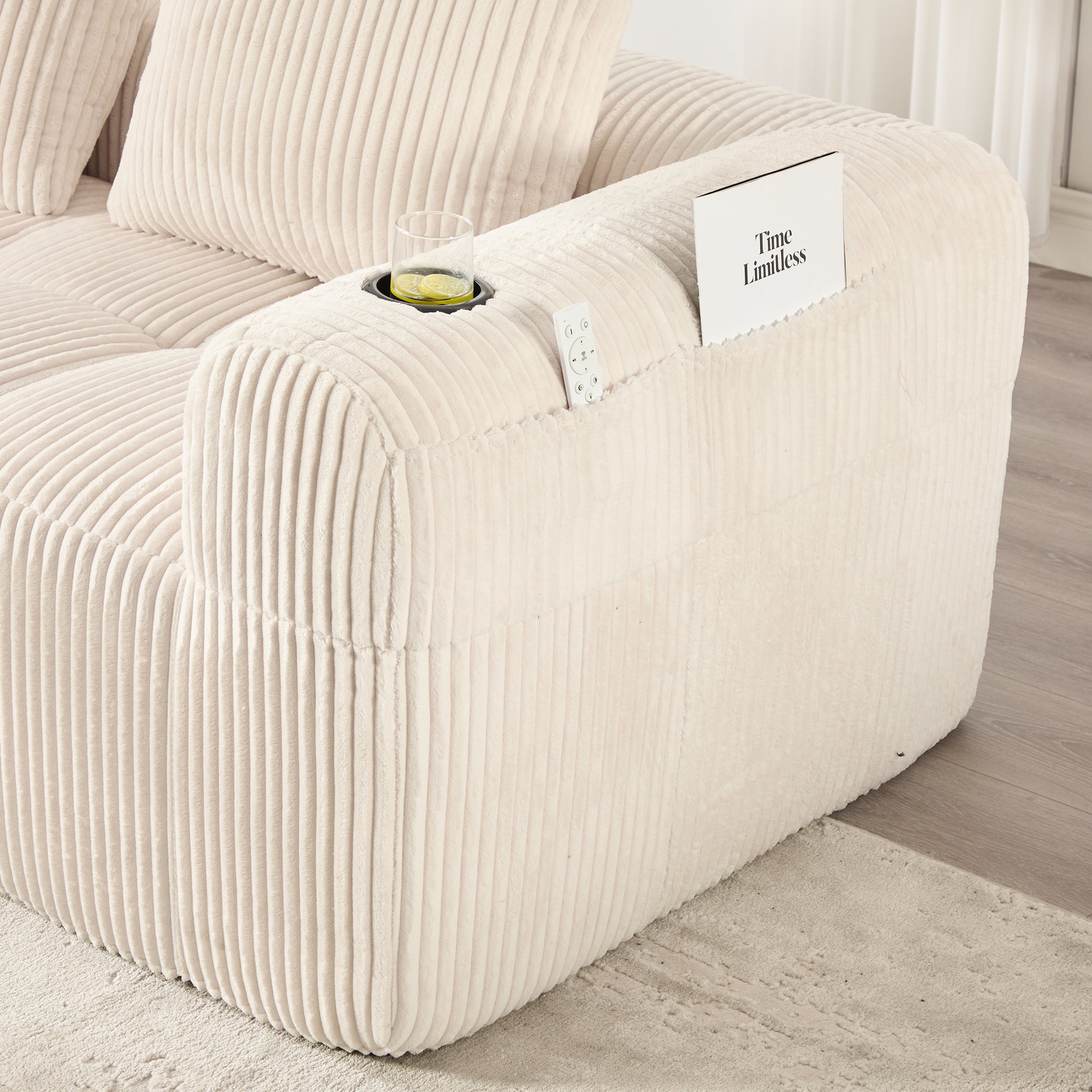 Canapé modulable 253x158x61cm en velours côtelé, Coffre de rangement latéral et porte-gobelets, 3 coussins inclus, Confort gain de place, Beige - 8