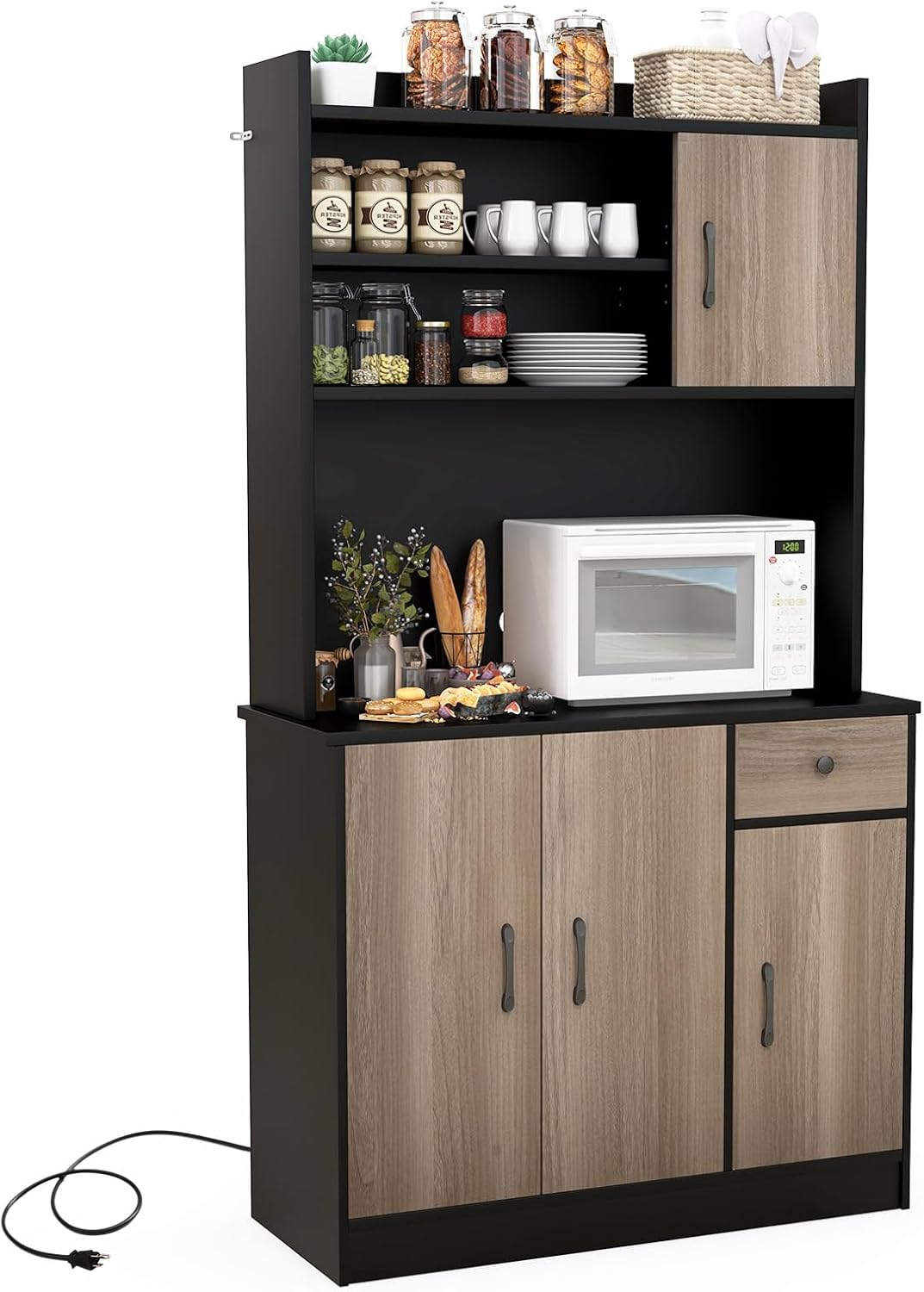 Szafka Kuchenna Haute de Cuisine 180 cm z Otworami na Kable, 4 Regulowanymi Regałami, 3 Szafkami, Mebel do Przechowywania w Kuchni, Jadalni (Czarna)