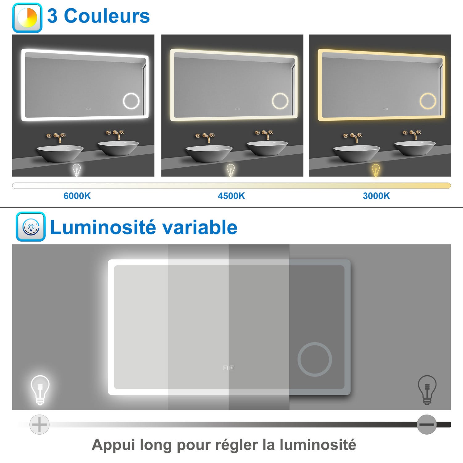 AICA Miroir lumineux rectangulaire 100 x 60cm, bluetooth + 3 couleurs + dimmable + grossissant + anti-buée + mémoire, miroir salle de bain mural - 4