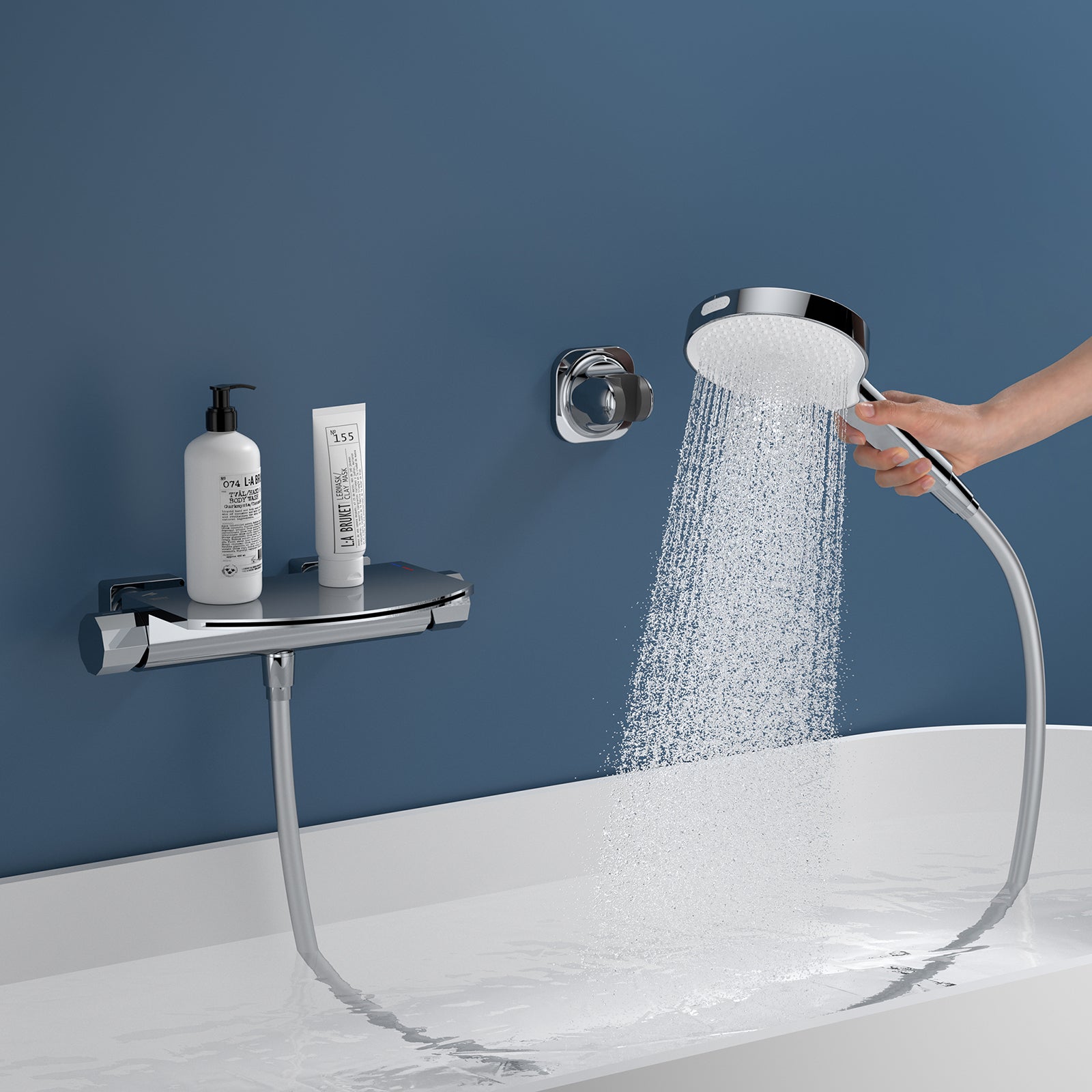 Mitigeur de Baignoire Cascade Extra-Large en Laiton avec Douchette 3+1 Modes et Étagère, Robinet Mural Chromé Grand Débit - 9