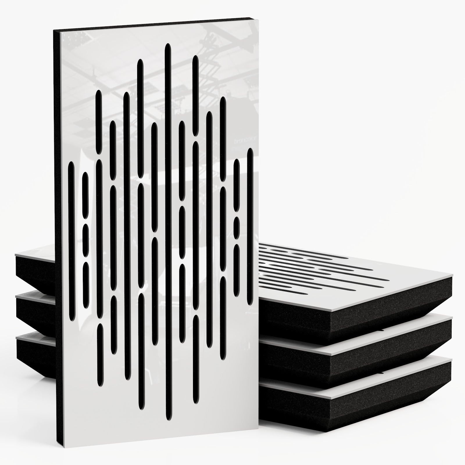 Lot de 4 Panneaux acoustiques étroits insonorisants WAVE 50x25x3 cm -0,5 m² surf.totale -Plastique perforé et mousse acoustique -Blanc brilliant - 2