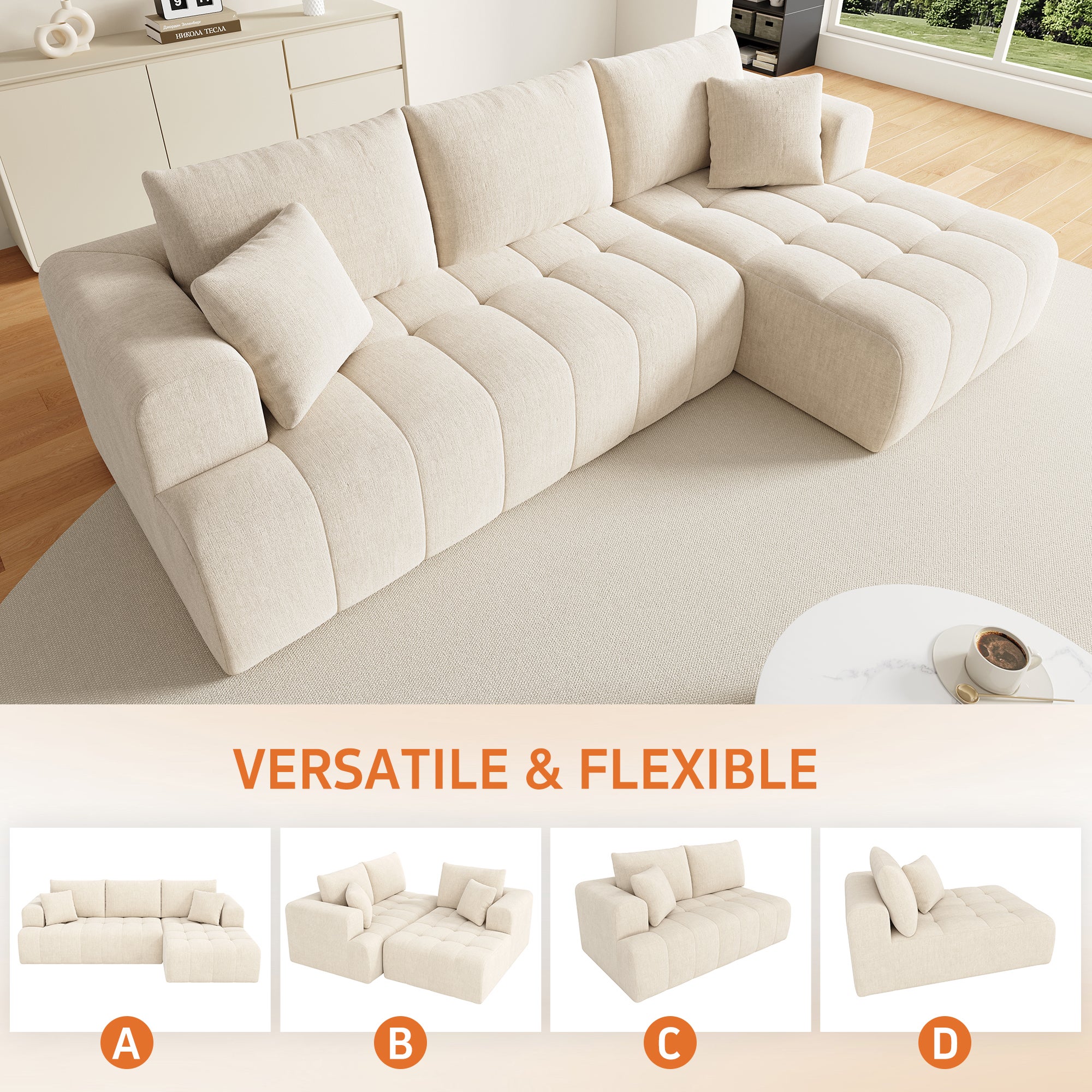 Canapé d'angle modulaire en L 244.5x136x79cm, canapé nuage, tissu chenille confortable, combinable librement,sans montage, Beige - 9