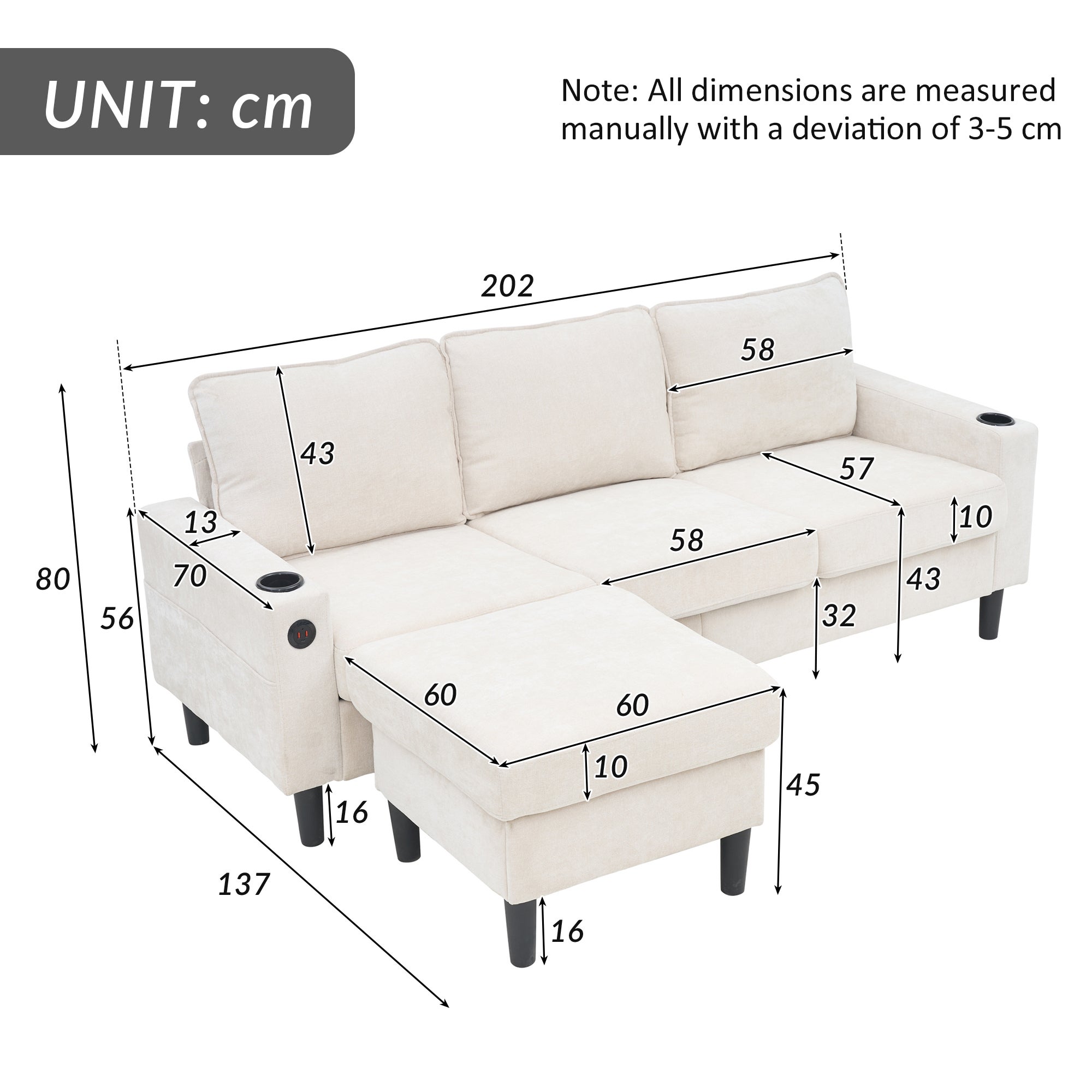 Sofa tapicerowana 3-osobowa - z portami USB i Type-C - z dwoma uchwytami na kubki - Sofa w kształcie litery L z funkcją spania - Beżowa - 9