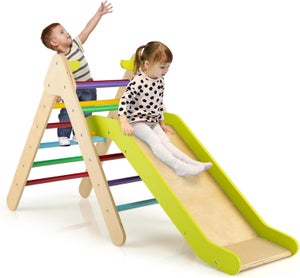 Air De Jeux Interieur Enfant Triangle D'Escalade LIFEZEAL 4 En 1 - Avec Toboggan & Filet - Bois Naturel - Enfant 1+ An - 50kg Charge Structure Grimpe Bois