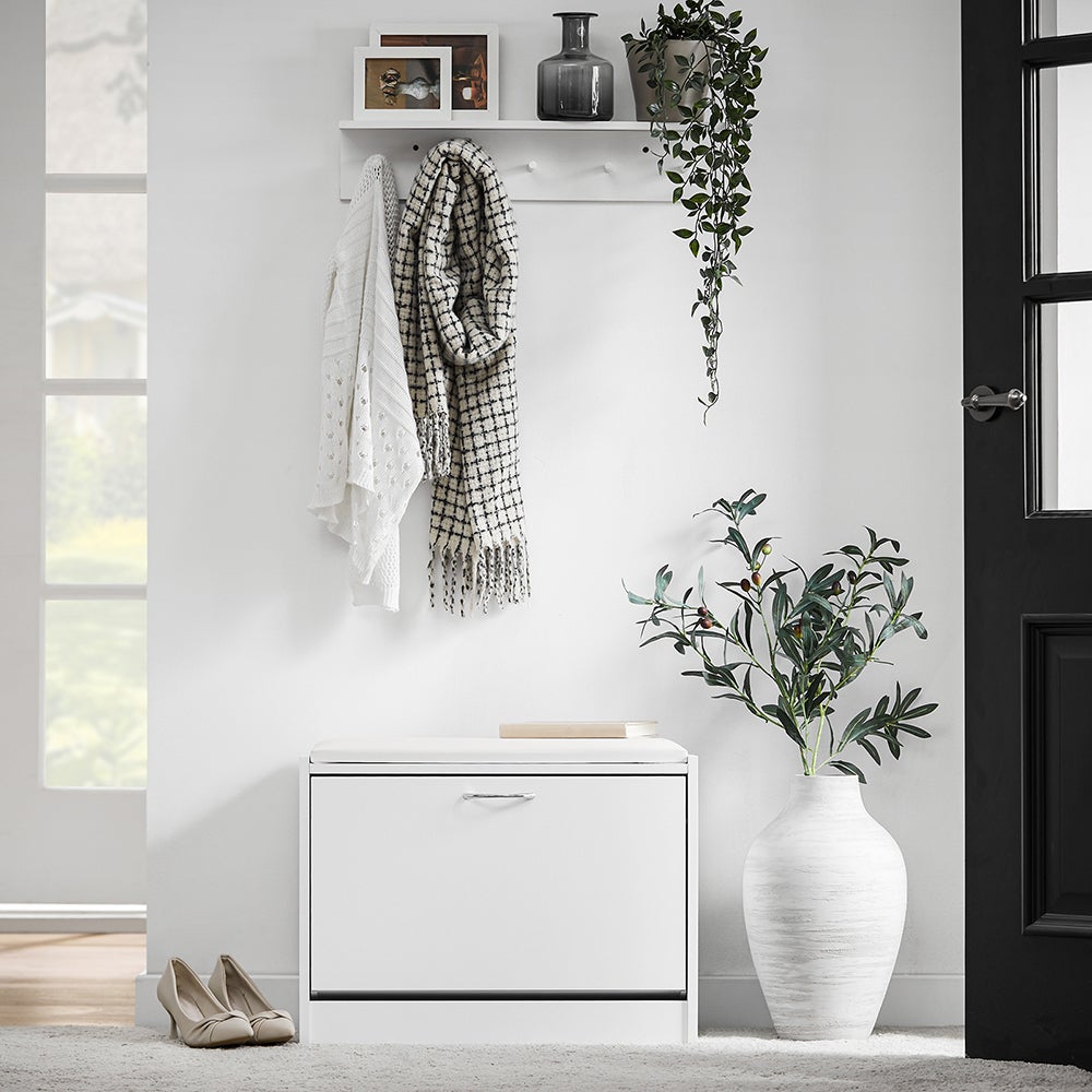 SoBuy Banc à chaussures avec coussin, Meuble à chaussures, 1 abattant et 3 étagères, 6 paires, Blanc, FSR16-W - 2