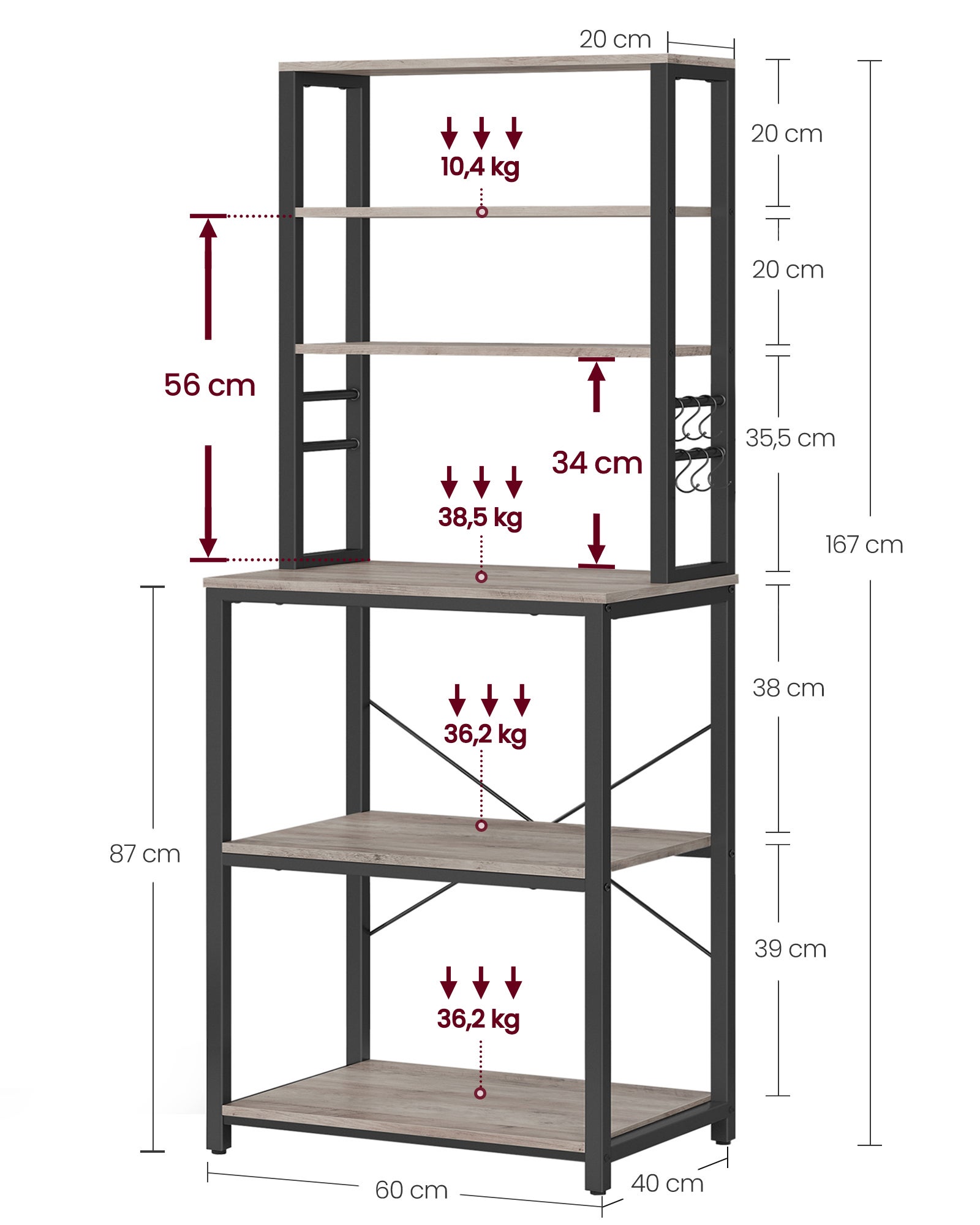 Étagère de Cuisine, 6 Étagères et 6 Crochets, pour Four à Micro-Ondes, Style Industriel, 40 x 60 x 167 cm, Gris et Noir - 5