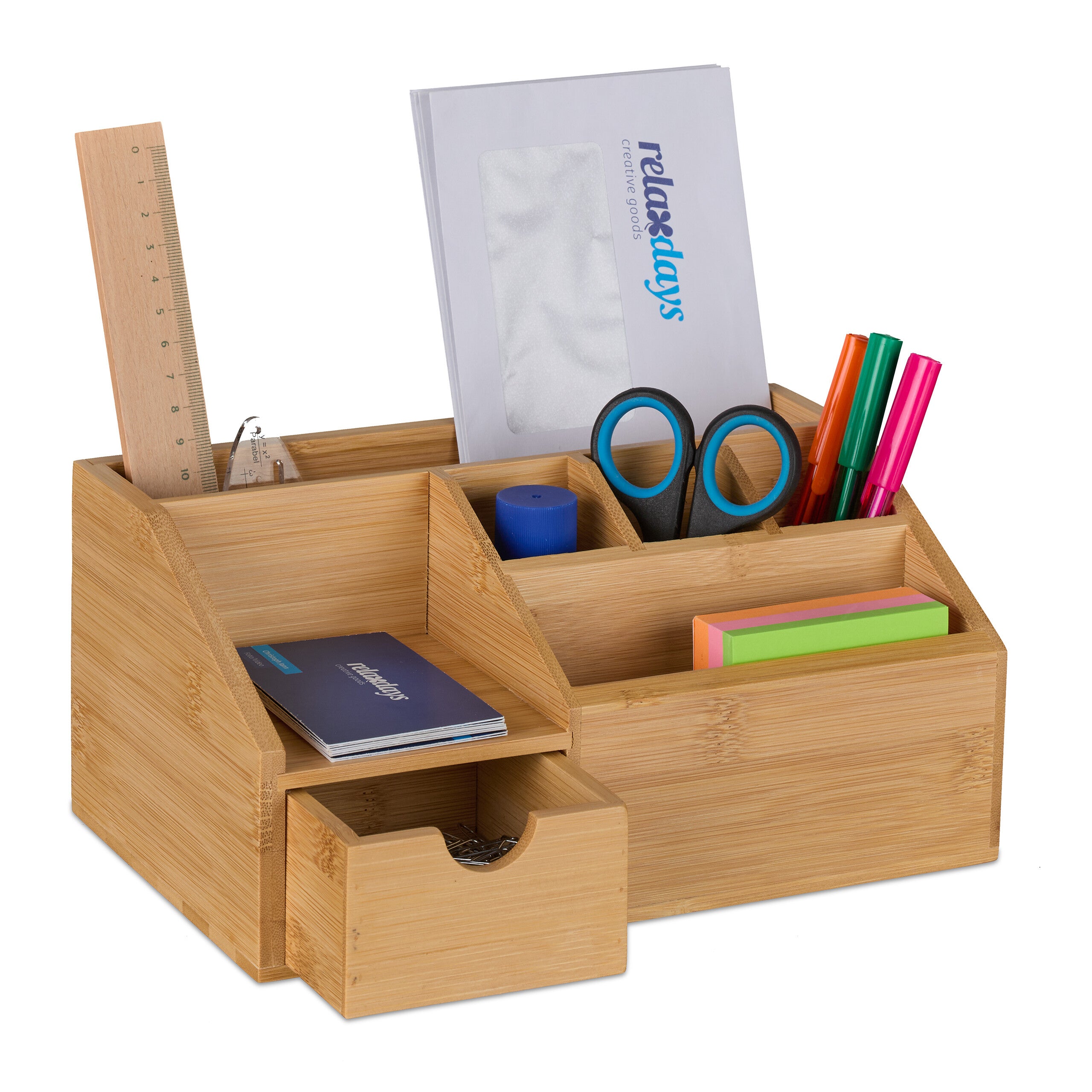 Relaxdays Organiseur de bureau, bambou, 5 compartiments, ustensiles & cosmétiques, crayons