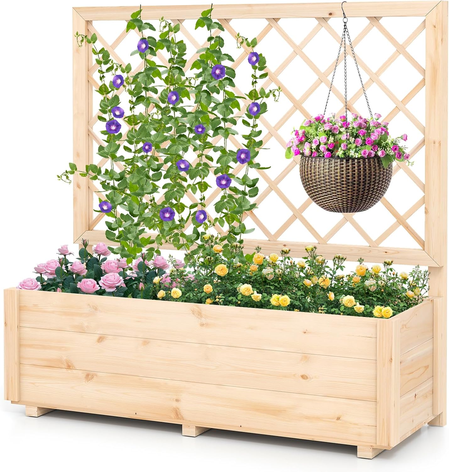 Podwyższona Skrzynka Roślinna z Treliśem, Łóżko Ogrodowe z Drewna Jodłowego, Otwór Spustowy dla Winorośli, Kwiatów i Owoców, Naturalny (98x38x101cm)