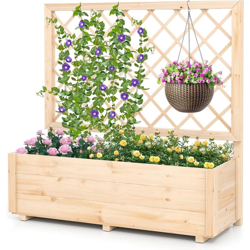 Podwyższona Skrzynka Roślinna z Treliśem, Łóżko Ogrodowe z Drewna Jodłowego, Otwór Spustowy dla Winorośli, Kwiatów i Owoców, Naturalny (98x38x101cm)