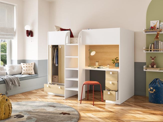Letto a soppalco 90 x 190 cm con armadio e scrivania Bianco e