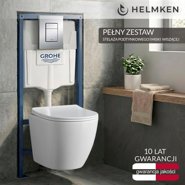 Zestaw podtynkowy WC 4w1: Stelaż Grohe, Chrom Przycisk 38772001, Miska bezkołnierzowa Helmken 35490101 (Biała), Deska wolnoopadająca duroplast