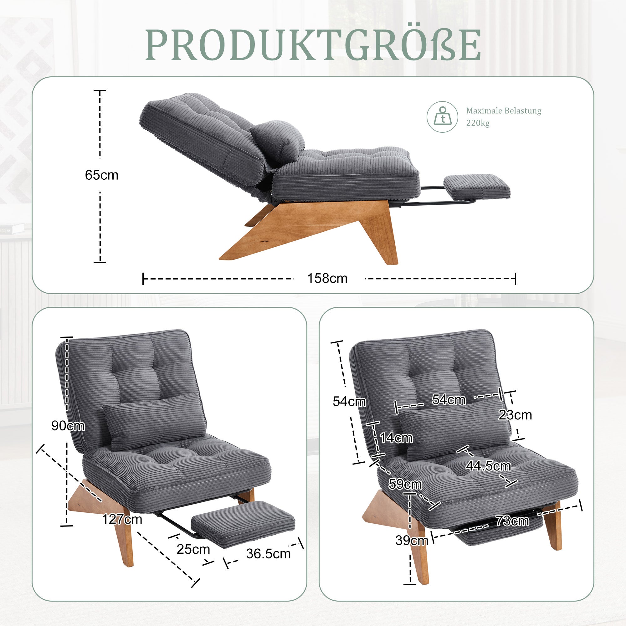 Fauteuil lounge moderne (sans dossier réglable, tissu) : repose-pieds, coussin lombaire, pieds en bois. Salon/chambre/bureau. - 7