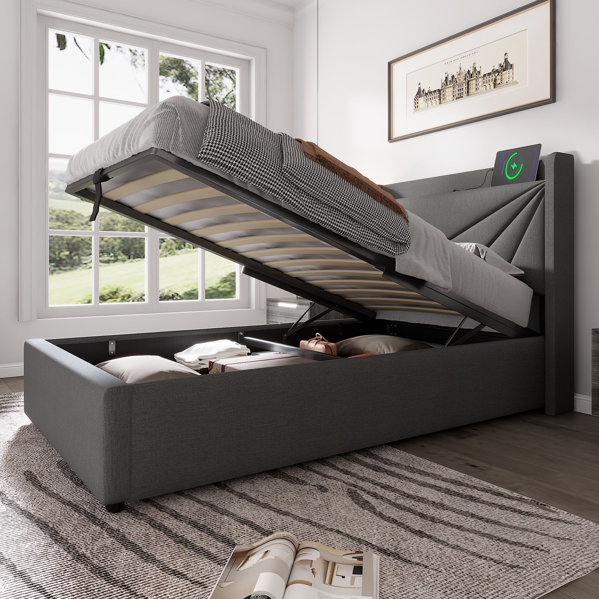 Łóżko 90x200cm z tkaniny lnianej - z portem USB i stelażem na listwy - Szare - 2