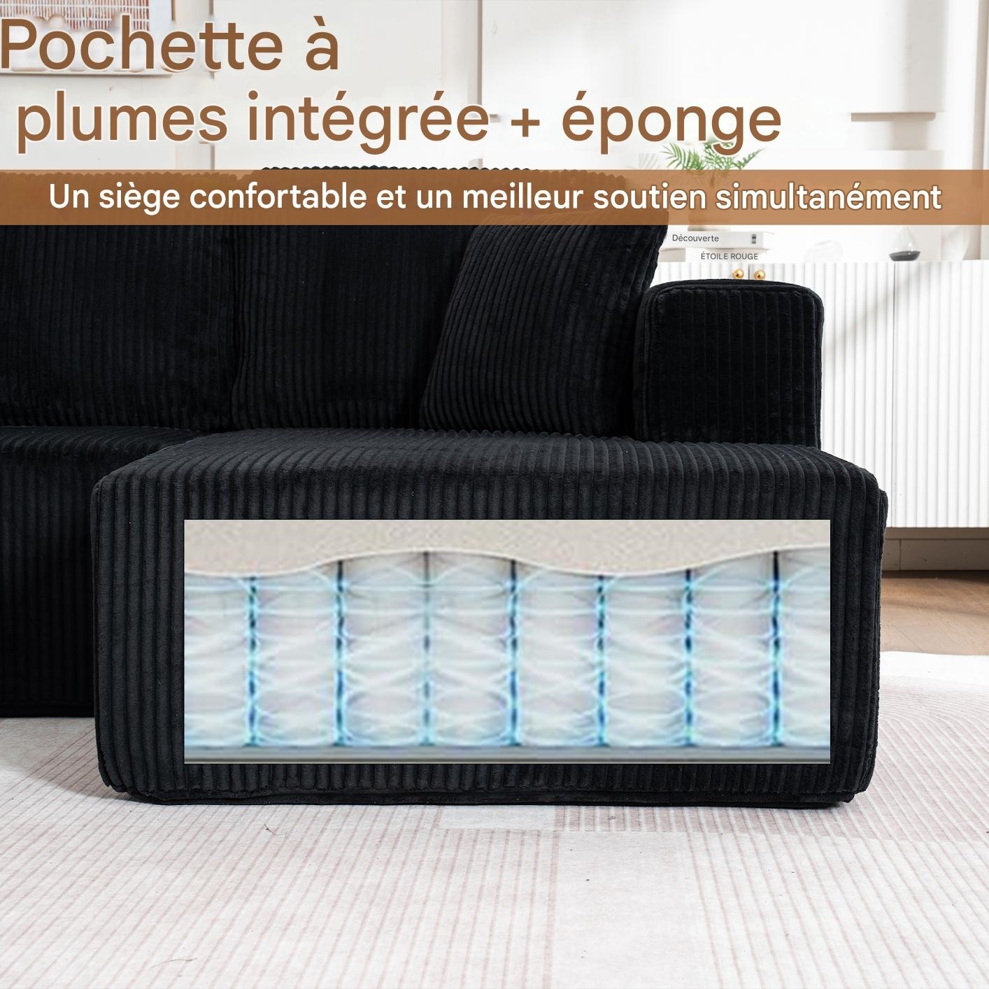 Canapé panoramique d'angle en U,4 places,Canapé modulable,accoudoirs,Velours côtelé,Étui à ressort + mousse haute résilience,Noir - 6