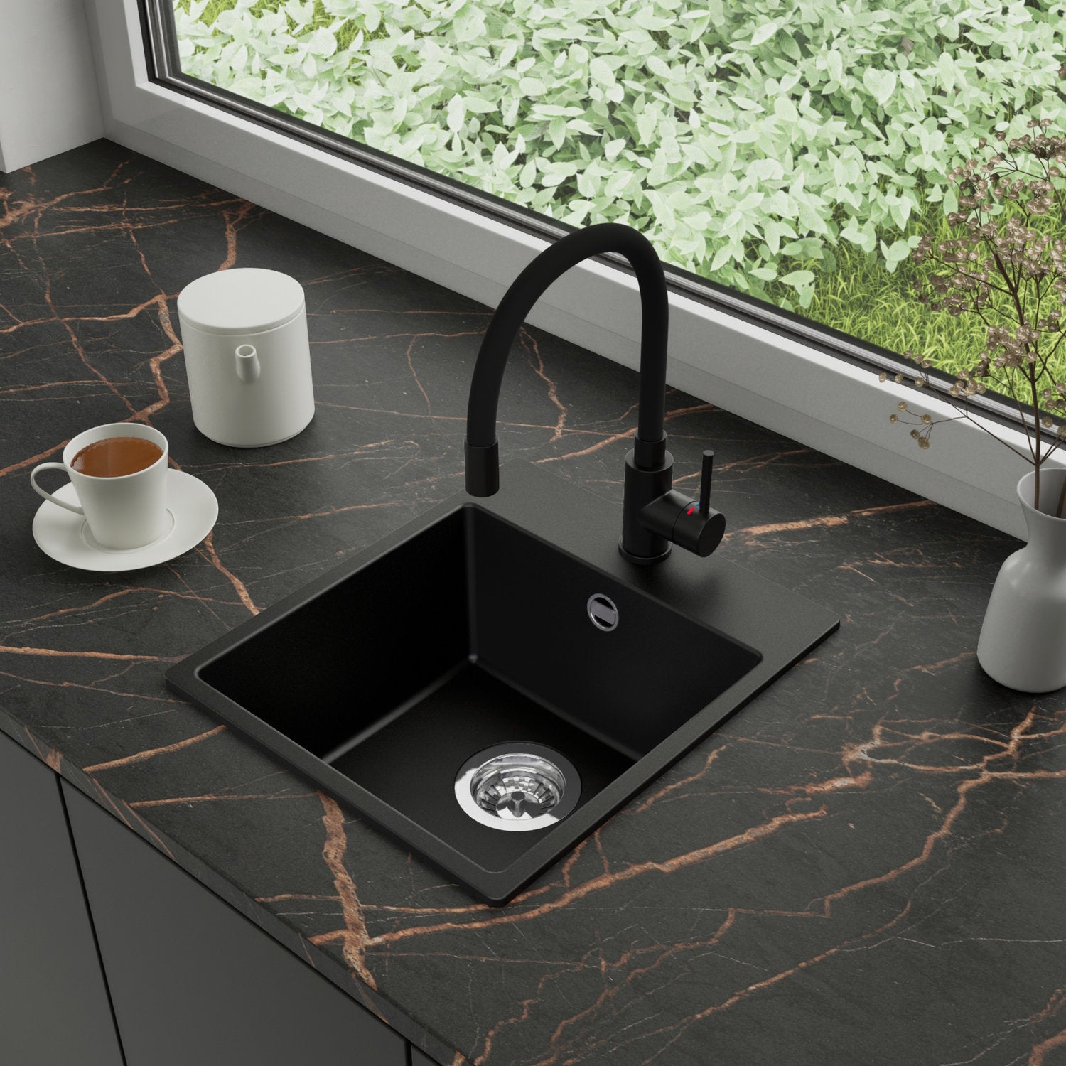 Zlewozmywak Granitowy 38x44cm, do szafki od 40cm + Bateria + Syfon - Amber Czarny STONESTYLE