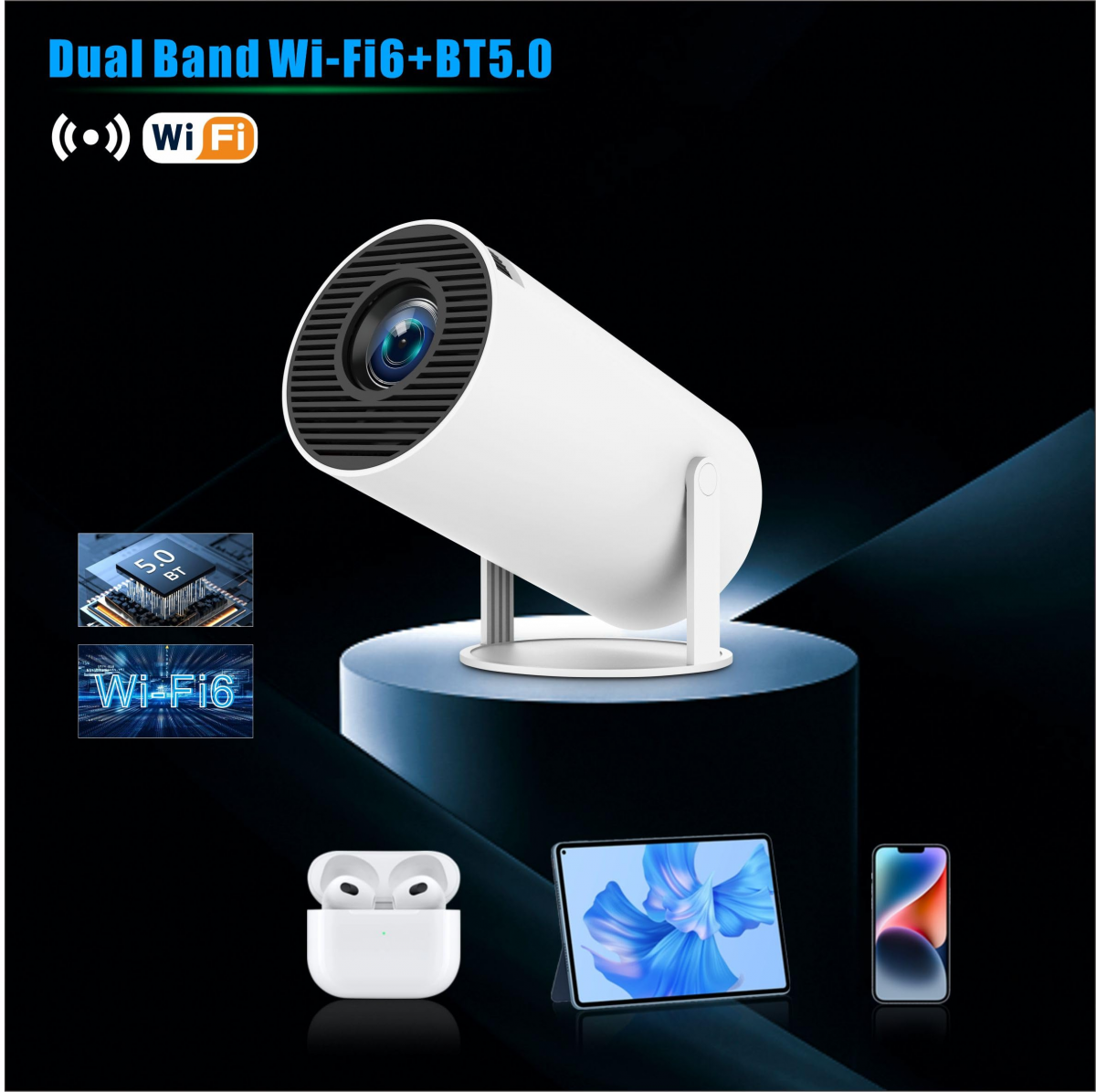 Projecteur 4K Videoprojecteur WiFi 6, Android 11 Retroprojecteur 1080P Full HD Supporté pour TÉLÉPhone PC 180° Rotation - 4
