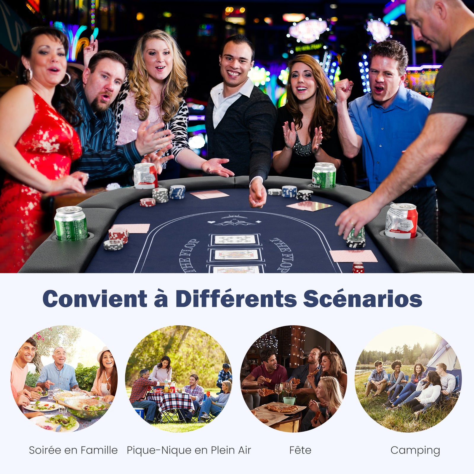 Składany Stół do Pokera dla 8 Graczy, Stół do Gier Towarzyskich 182 cm, 8 Metalowych Uchwytów na Kubki, Wyściełane Poręcze, Texas Hold'em, Niebieski - 4