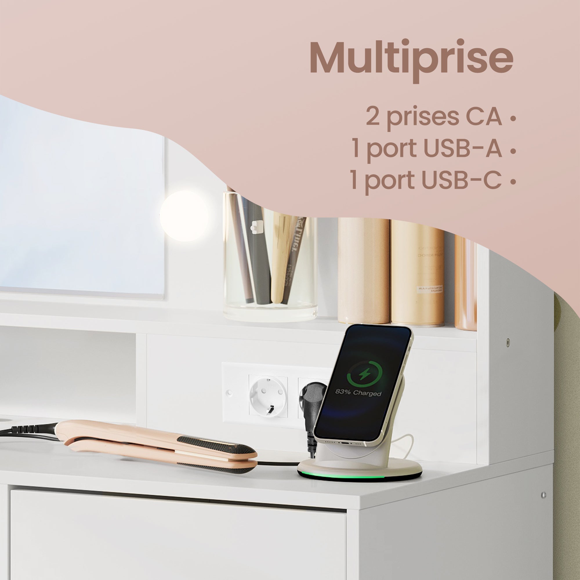 Coiffeuse avec Miroir LED, Multiprise, 2 Placards, 9 Ampoules, Éclairage 3 Couleurs, Blanc - 4