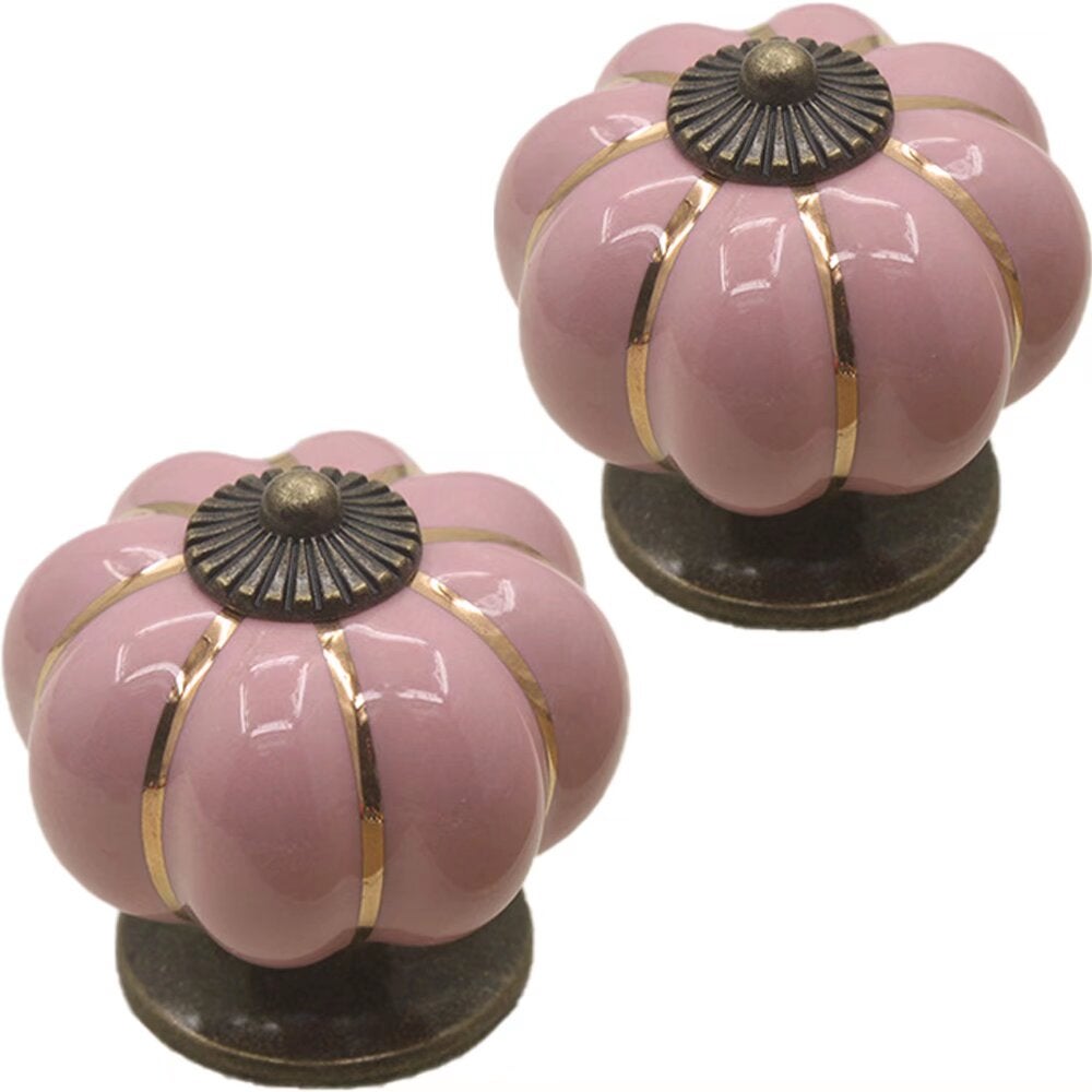 Zestaw 2 Kolorowych Ceramicznych Gałek do Szafek i Szuflad na Halloween w Kształcie Dyni, Uchwyty do Mebli (różowe)