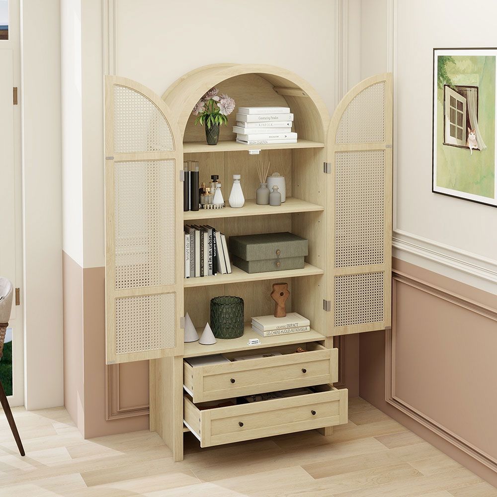Armoire bohème 79x39.5x178 cm rotin tressé 2 tiroirs forme arc couleur naturelle - 6