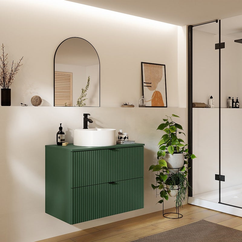 Podwieszana szafka łazienkowa prążkowana z okrągłą umywalką nablatową - Matowa zieleń - 80 cm - ZEVINI