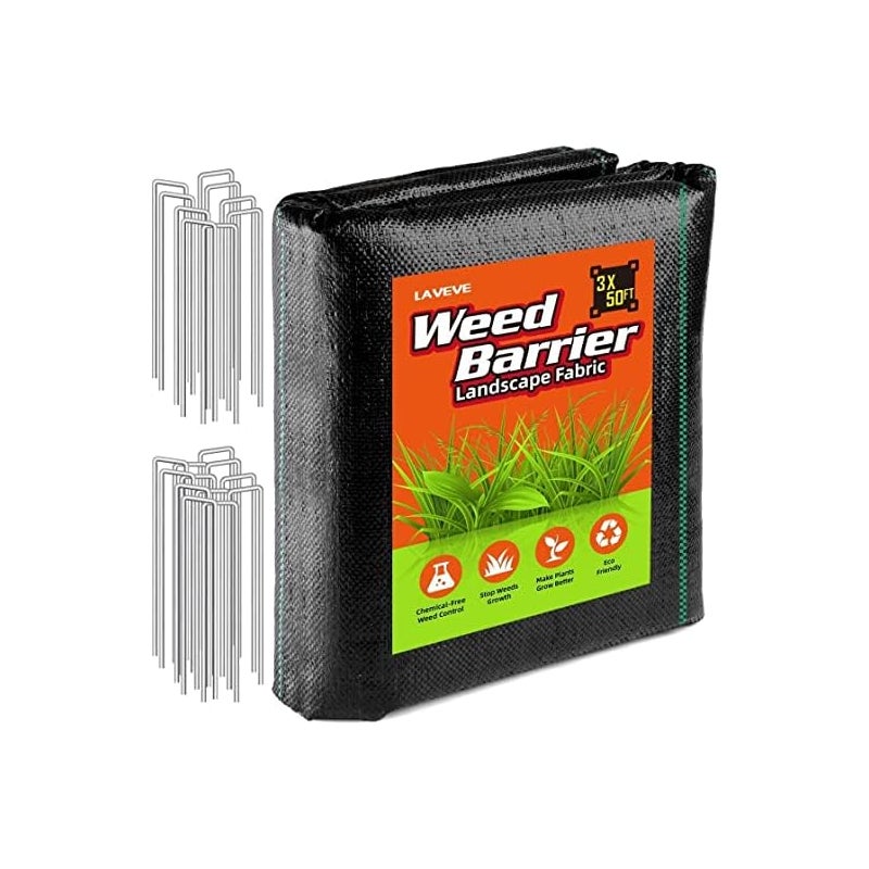 Tkanina przeciw chwastom o wymiarach 3 x 50 stóp z 15 szpilkami w kształcie litery U, ogrodowa tkanina przeciw chwastom, tkanina do ściółkowania
