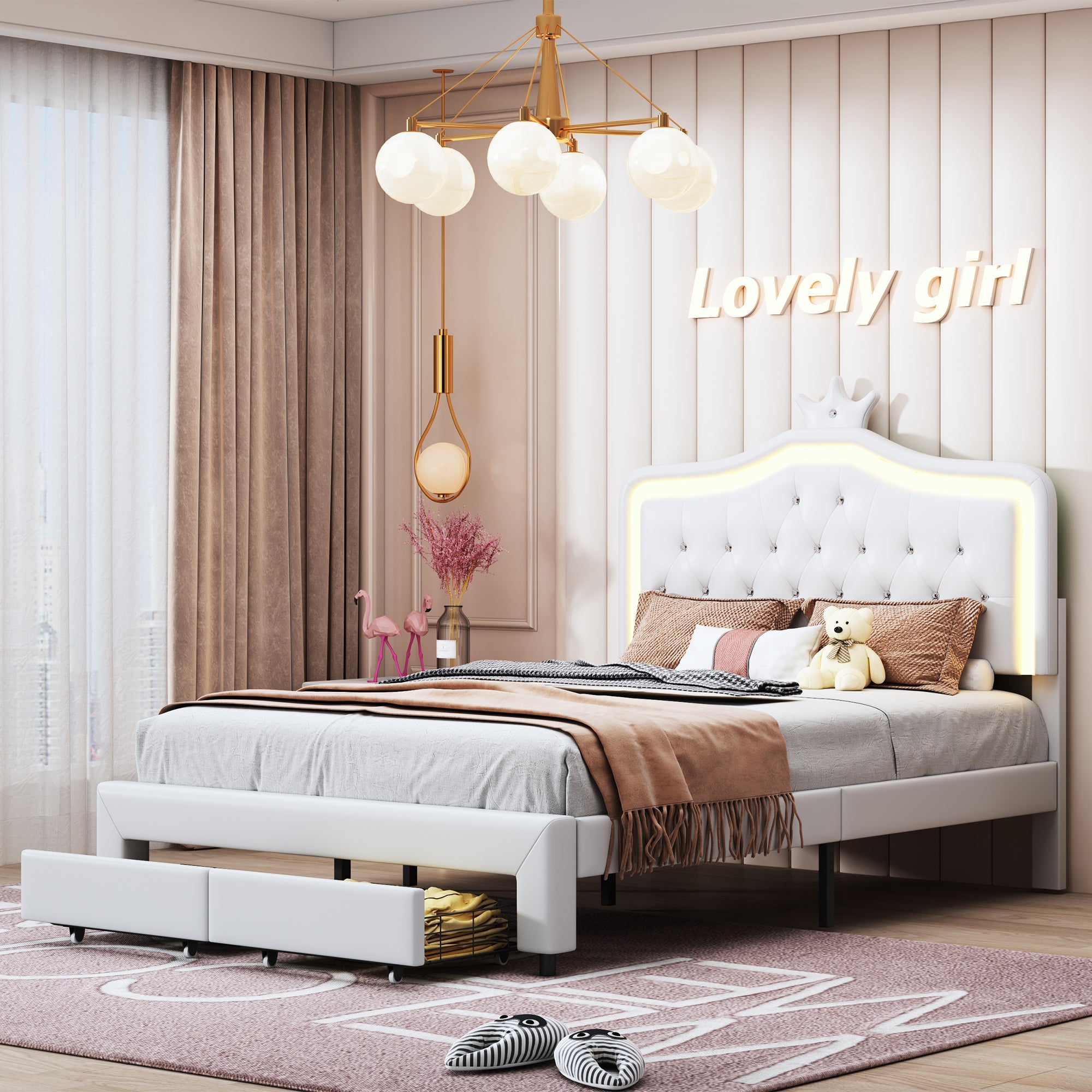 Letto Matrimoniale Imbottito 140x200 Con LED E Testiera, Struttura In Legno E Pelle Di Qualità - Eulenke