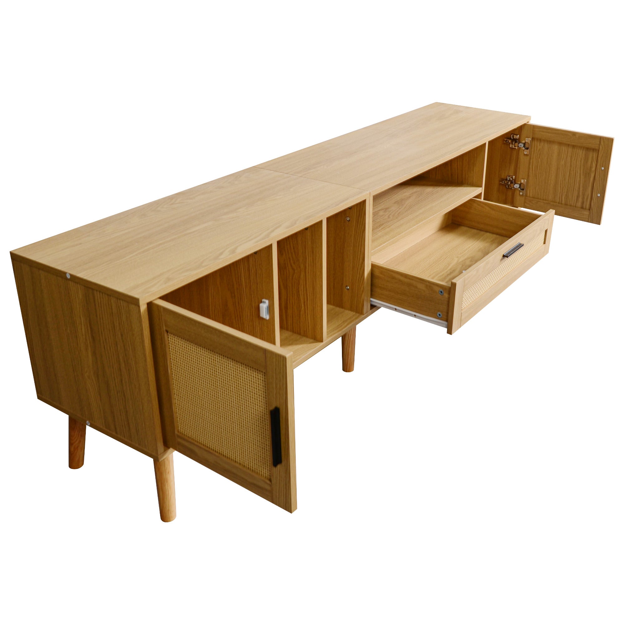 Stojak pod TV 180 cm zdobiony rattanem - 2 drzwi i 1 szuflada - nogi z litego drewna - naturalny - 8